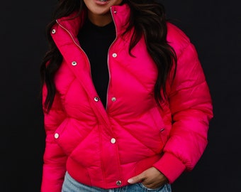 Bright Pink Cropped Jacket Pink Puffer Jacket Trendy Jacket Winter Jacket Magenta Puffer Jacket Colorful Puffer Jacket Etsy