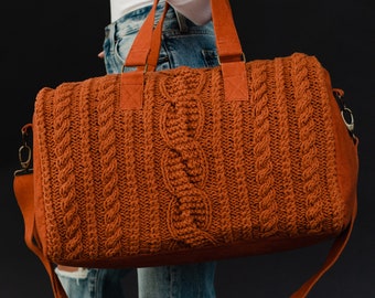 Rust Cable Knit Duffel | Women's Duffel Bag | Travel Bag | Fall Duffel Bag | Weekender | Rust Cable Knit Travel Bag | Women's Travel Bag