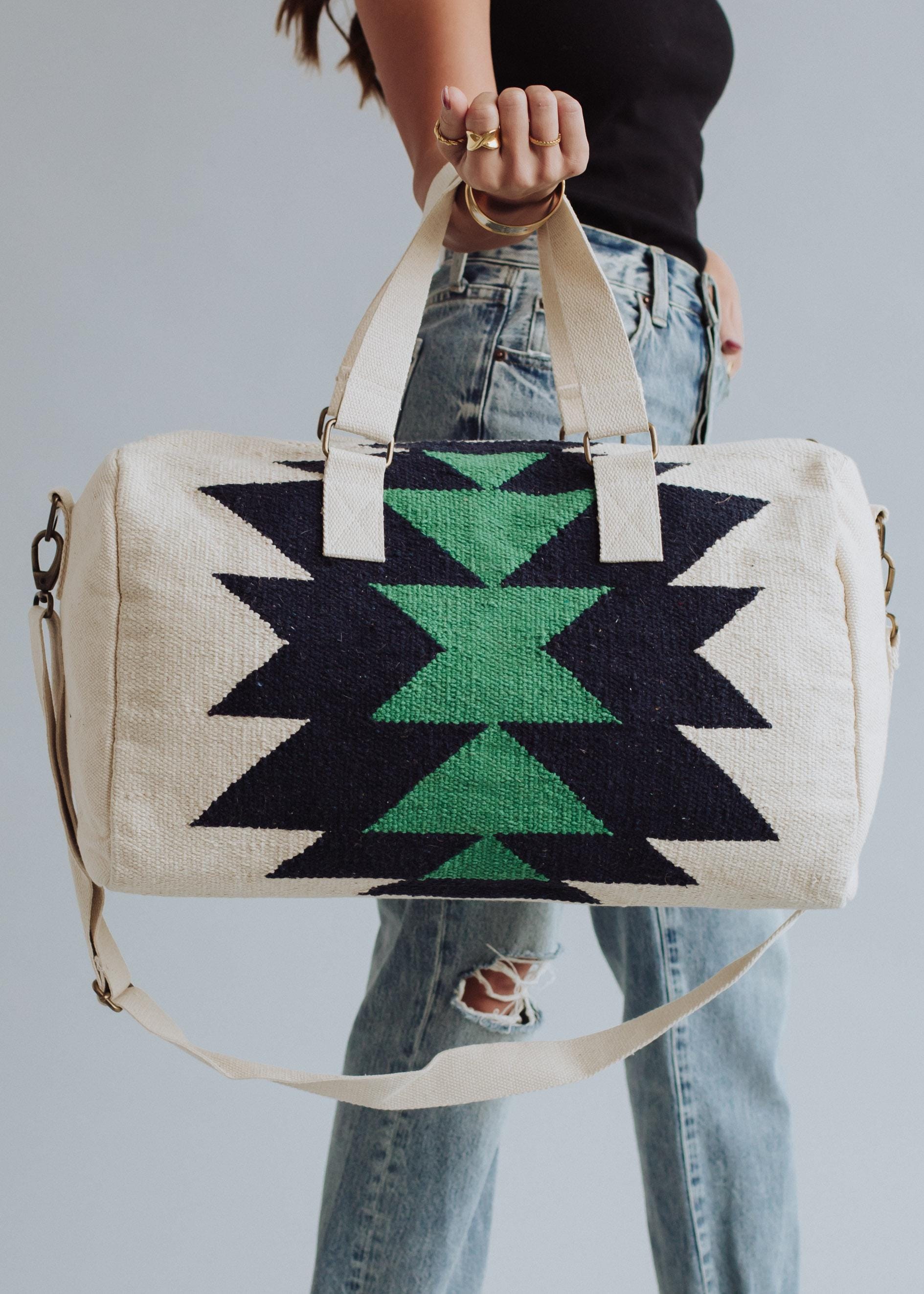 Cream, Navy & Green Western Duffel | Western Inspired Duffel Bag | Aztec Inspired Duffel Bag | Travel Bag | Colorful Duffel Bag