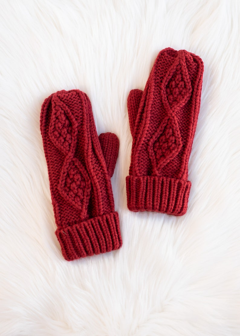 Dark Red Cable Knit Mittens Winter Accessories Fleece Lined Mittens Red Mittens Christmas Mittens Women's Winter Accessories image 3