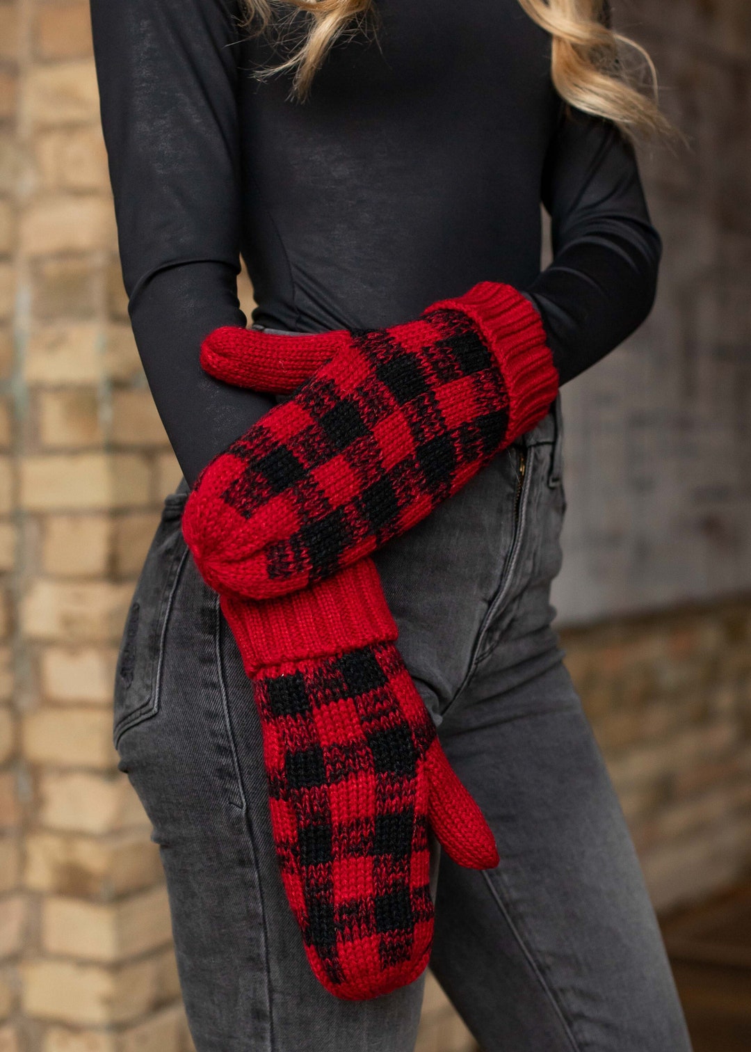 Red Buffalo Plaid Mittens Fleece Lined Mittens Women's Knit Mittens