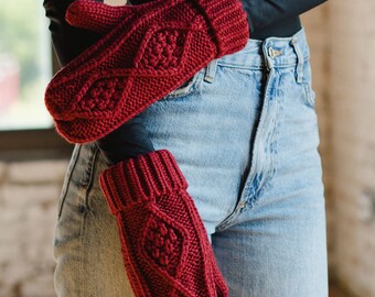 Dark Red Cable Knit Mittens | Winter Accessories | Fleece Lined Mittens | Red Mittens | Christmas Mittens | Women's Winter Accessories