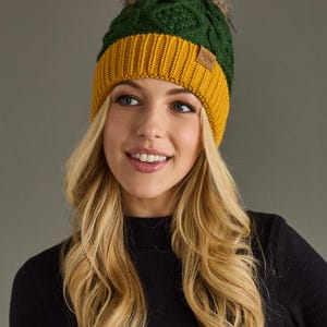 Green & Gold Trim Cable Knit Pom Hat | Fleece Lined Pom Hat | Women&#39;s Pom Hat | Packers Winter Hat | Women&#39;s Winter Hat | Game Day Hat