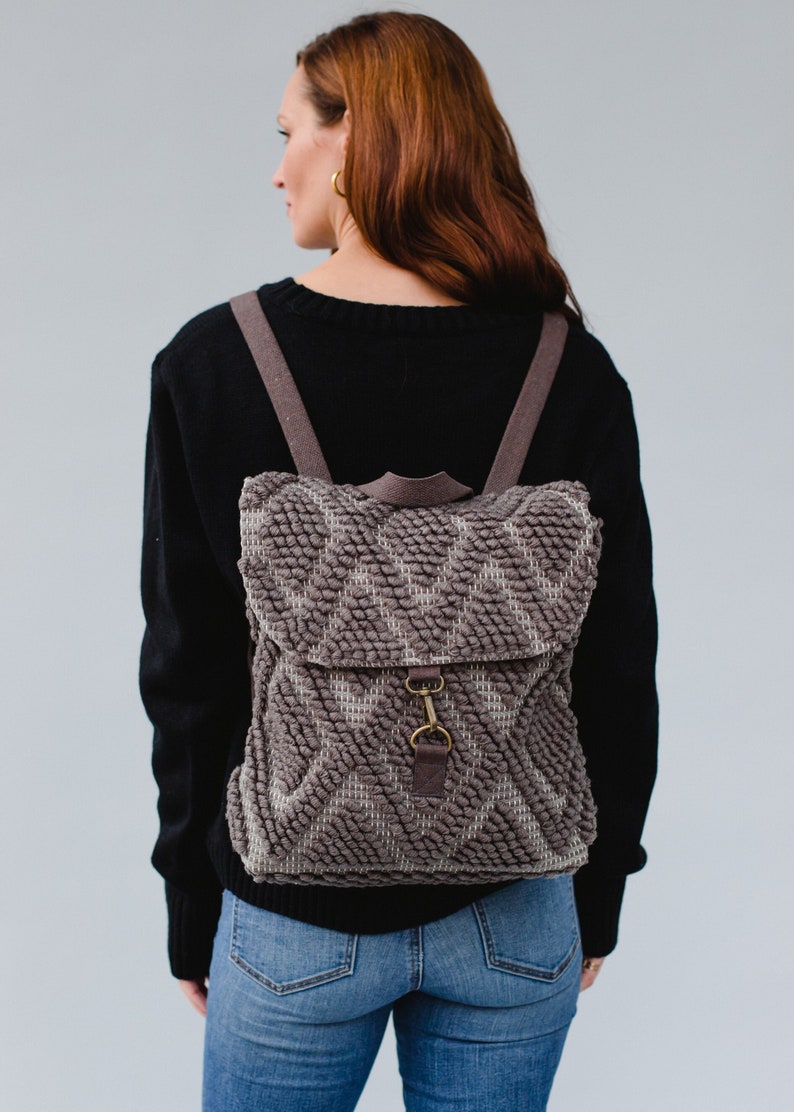 Gray Diamond Pattern Backpack Textured Backpack Neutral Backpack Aztec Inspired Travel Backpack Women's Gray Backpack image 1
