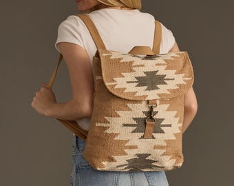100% Wool Mesoamerican Backpack Peruvian Ethnic Artisan Wool Backpack/handmade Leather  main image 3