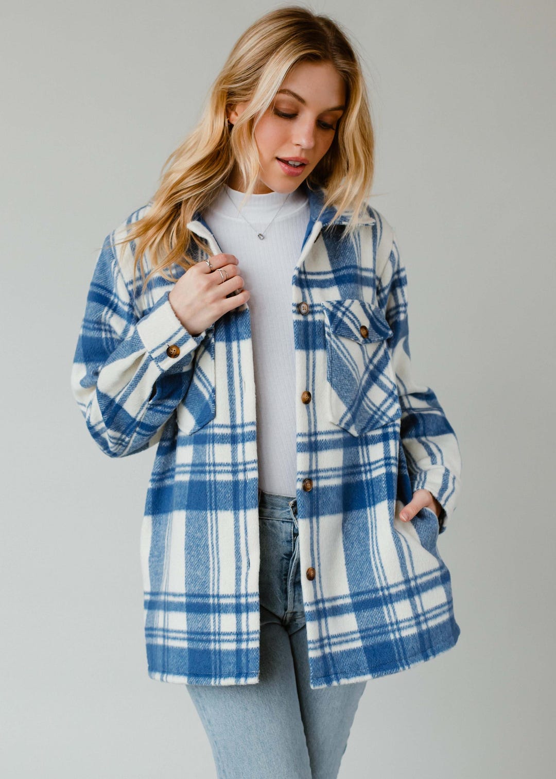 Plaid Shirt Blue Flannel Jacket Women's Flannel Shirt Jacket