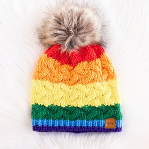 Classic Rainbow Stripe Pom Hat Rainbow Winter Hat Multicolored Striped Pom Hat Fleece Lined Winter Hat Trendy Rainbow Pom Hat image 4