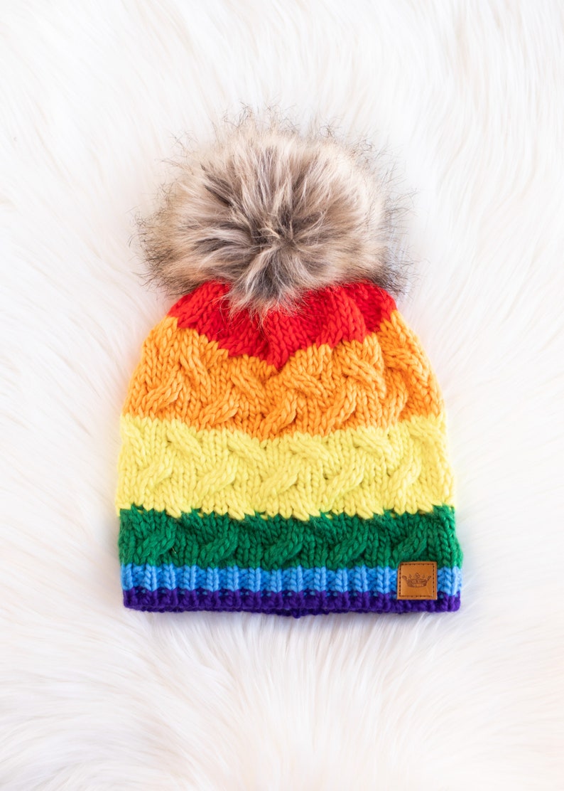 Classic Rainbow Stripe Pom Hat Rainbow Winter Hat Multicolored Striped Pom Hat Fleece Lined Winter Hat Trendy Rainbow Pom Hat image 4