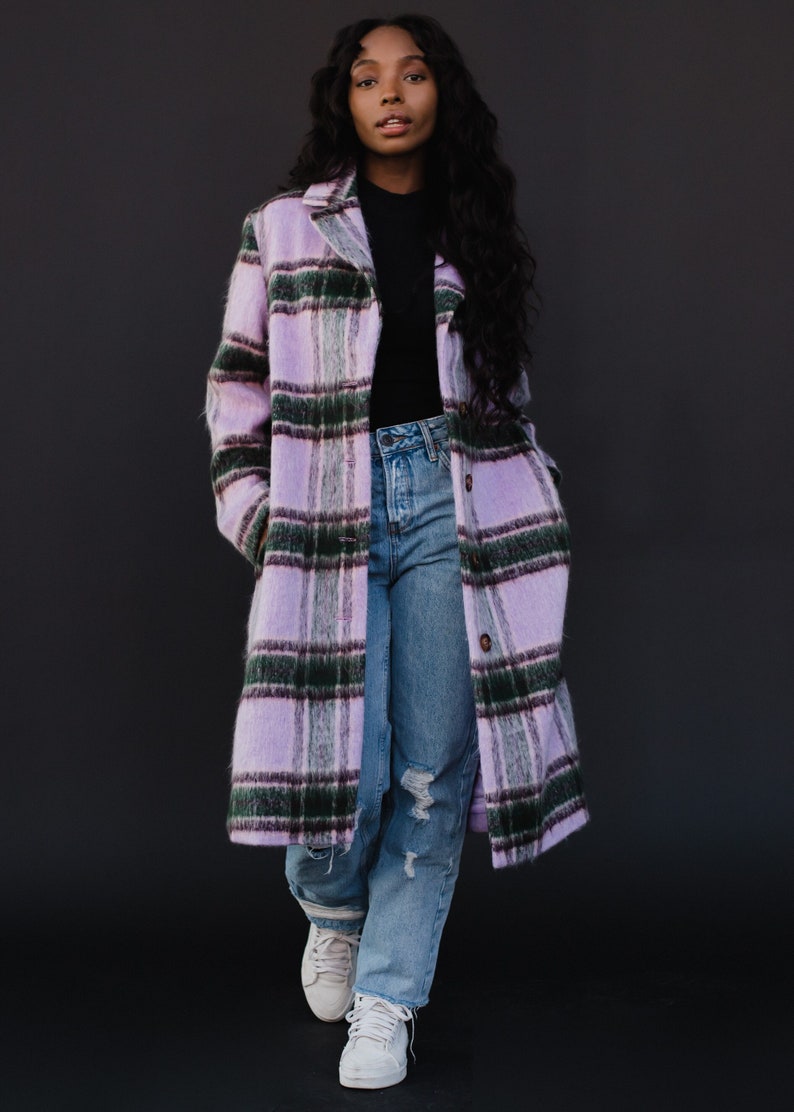 Purple, Green & Tan Plaid Coat Women's Long Plaid Coat Women's Long Plaid Jacket Winter Coat Fully Lined Coat Statement Coat image 1