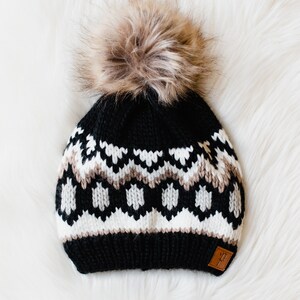 Black, White & Tan Patterned Pom Hat Fleece Lined Pom Hat Women's Patterned Pom Hat Women's Winter Hat Winter Accessories image 5