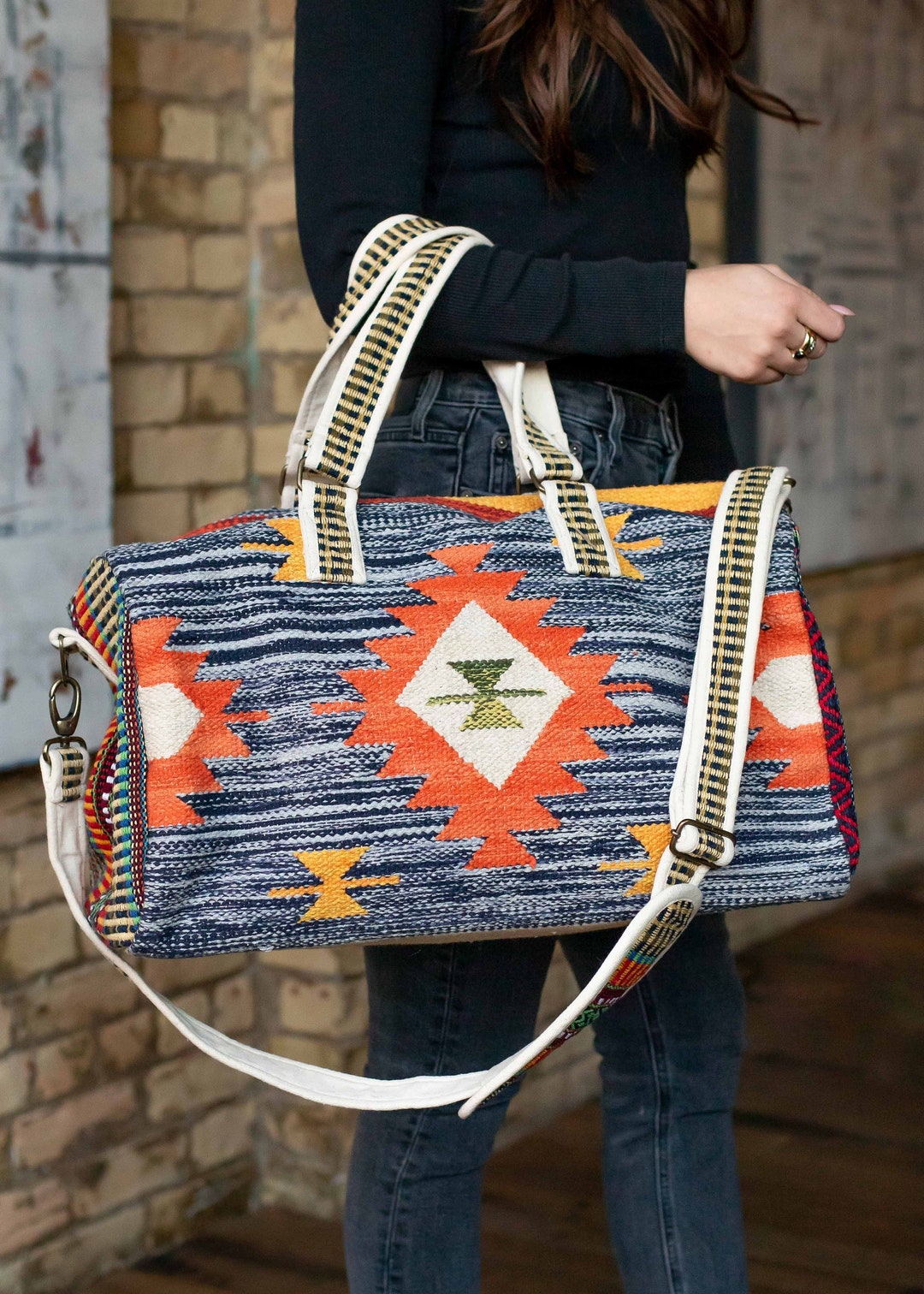 Blue & Multicolored Aztec Duffel Aztec Inspired Duffel Bag Etsy