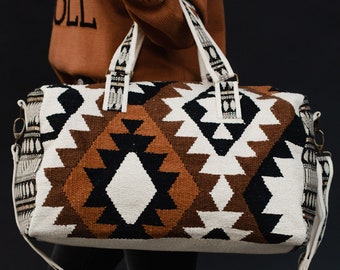 Cream, Black, Brown & Tan Aztec Duffel | Aztec Inspired Duffel Bag | Weekender Bag | Western Duffel Bag | Travel Bag | Women's Duffel Bag