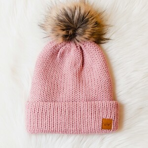 Pink Cable Knit Pom Hat Fleece Lined Pom Hat Women's Knit Pom Hat Faux Fur Pom Accent Winter Accessories Trendy Pom Hat image 6