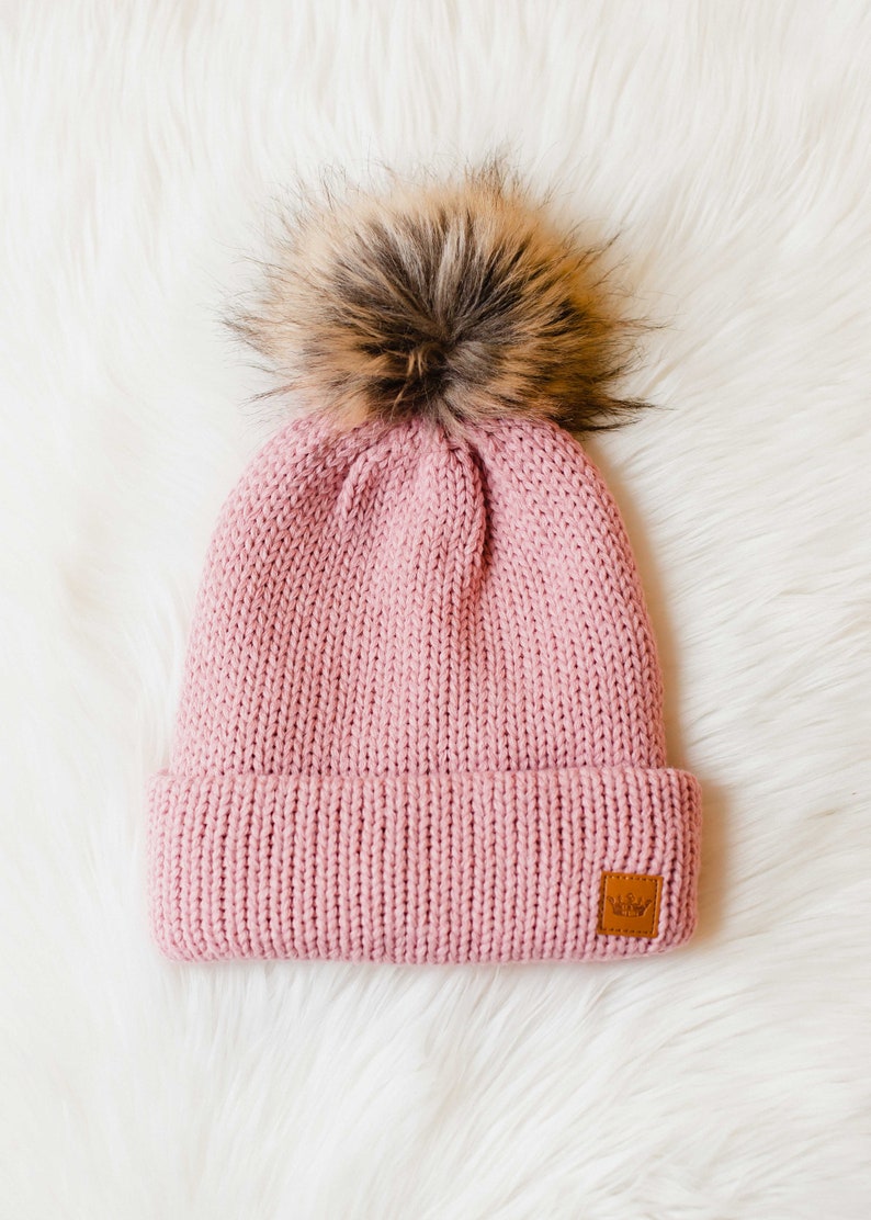 Pink Cable Knit Pom Hat Fleece Lined Pom Hat Women's Knit Pom Hat Faux Fur Pom Accent Winter Accessories Trendy Pom Hat image 6