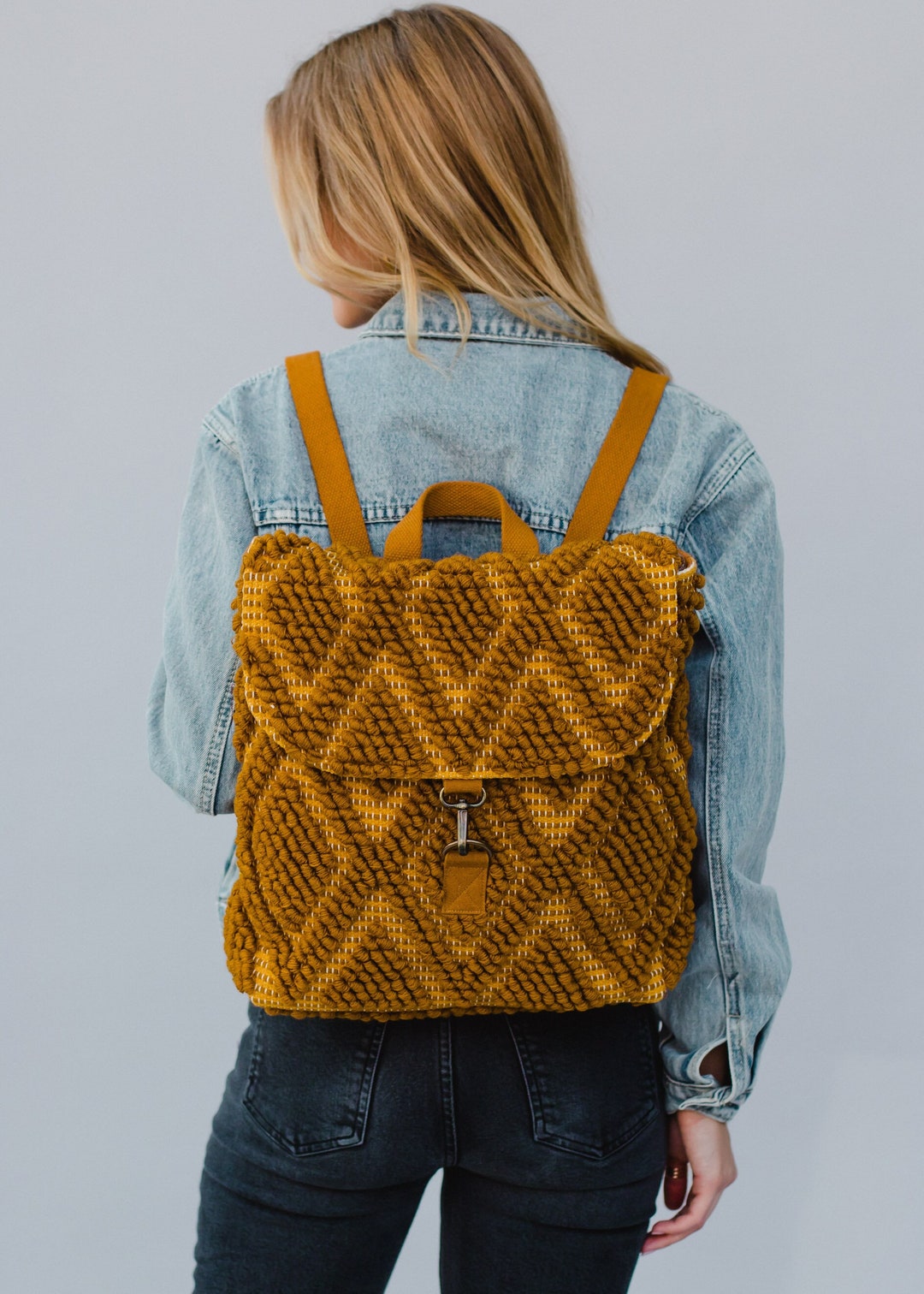 Mustard Diamond Pattern Backpack Textured Backpack Statement Backpack ...