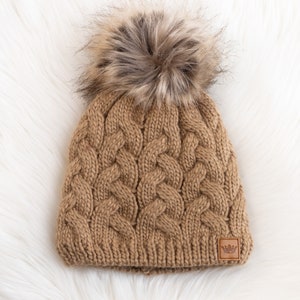 Tan Braided Knit Pom Hat Fleece Lined Pom Hat Neutral Pom Hat Braided Knit Pom Hat Women's Winter Hat Winter Accessories image 6