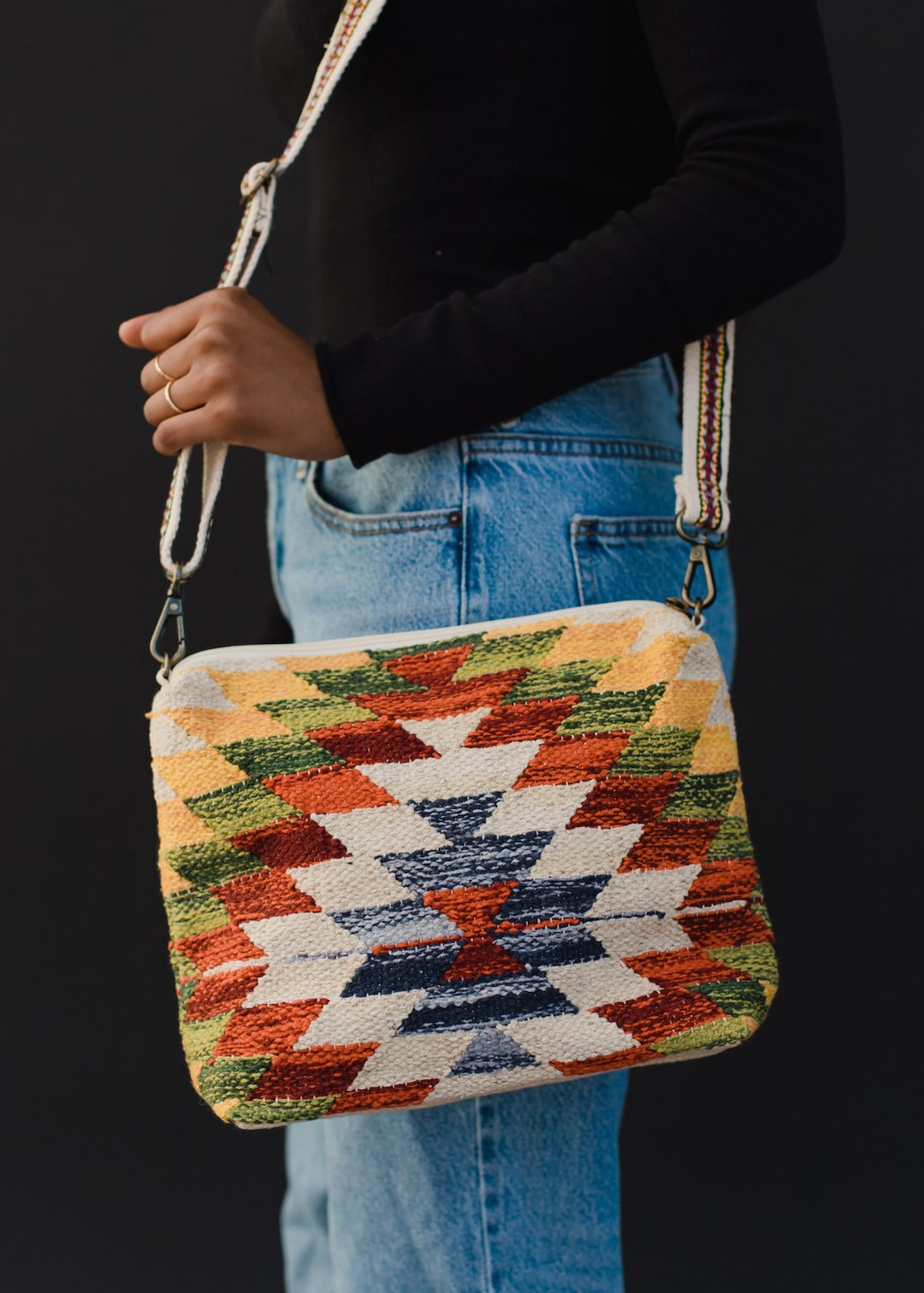 Aztec tan hand embroidered semi circle clutch bag for women main image 1
