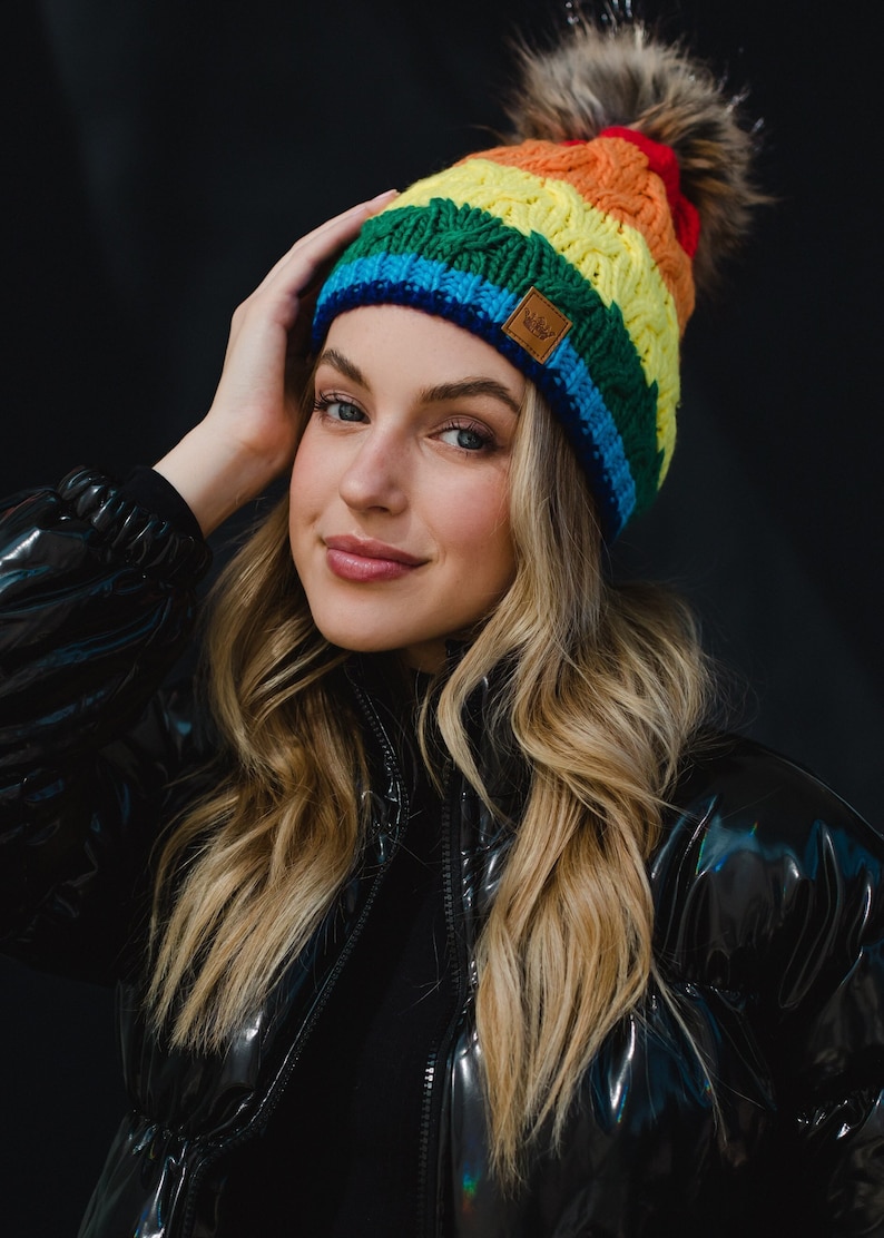 Classic Rainbow Stripe Pom Hat Rainbow Winter Hat Multicolored Striped Pom Hat Fleece Lined Winter Hat Trendy Rainbow Pom Hat image 1