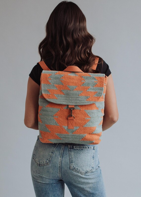 Blue and Orange Geometric Backpack Dark Blue Backpack with a Geometric Pattern of  main image 3
