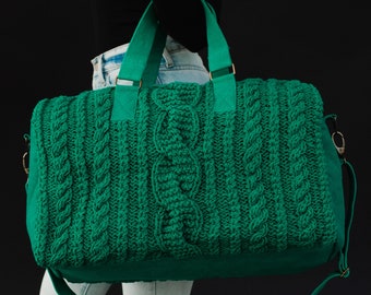 Kelly Green Cable Knit Duffel | Women's Duffel Bag | Travel Bag | Weekender | Green Knit Duffel Bag | Removable Strap | Cable Knit Duffel