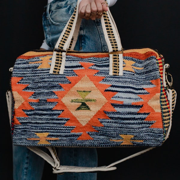 Blue & Multicolored Aztec Duffel | Aztec Inspired Duffel Bag | Travel Bag | Weekender Bag | Aztec Inspired Travel Bag | Aztec Duffel Bag