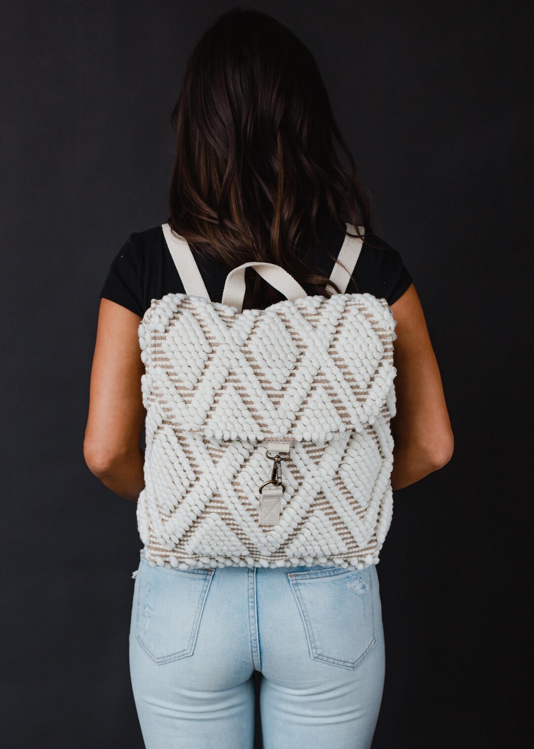 Cream Diamond Pattern Backpack | Textured Backpack | Neutral Backpack ...