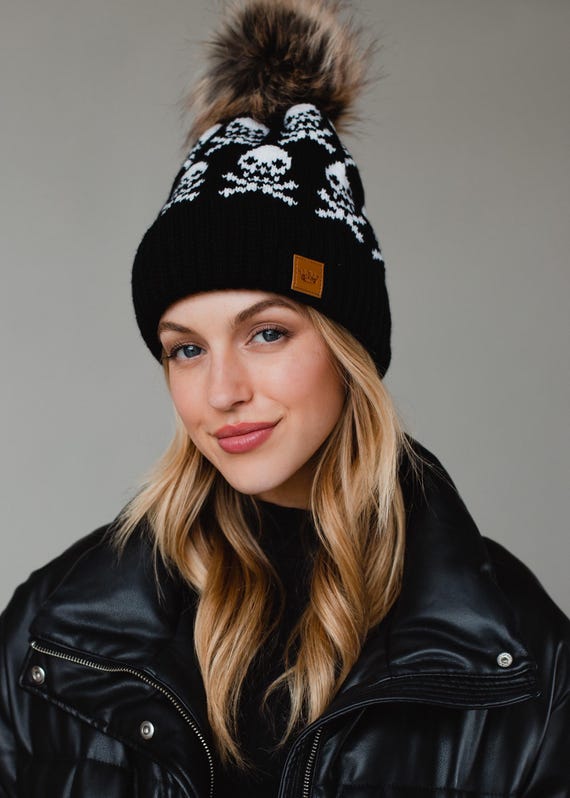 Skull Pattern Pom Hat Skull Pattern Fleece Lined Pom Hat