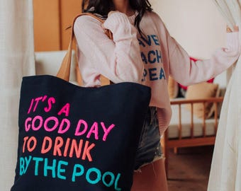 Navy Drink By The Pool Tote | Vacation Tote Bag