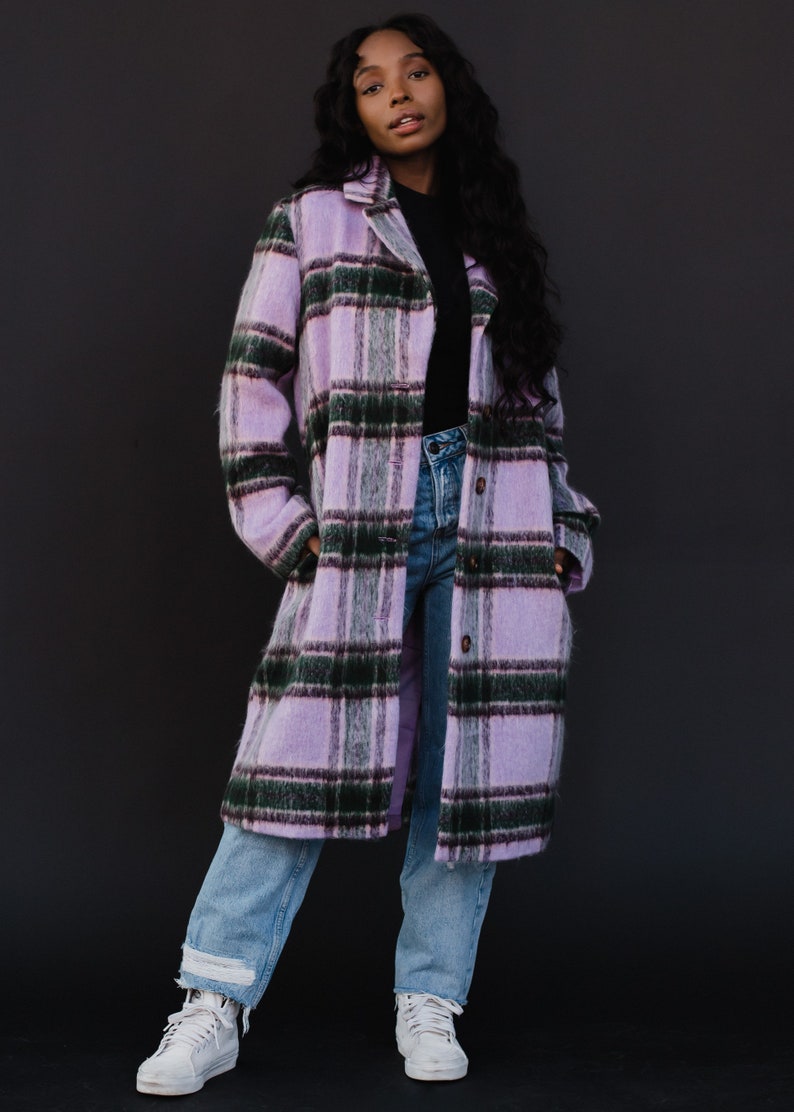 Purple, Green & Tan Plaid Coat Women's Long Plaid Coat Women's Long Plaid Jacket Winter Coat Fully Lined Coat Statement Coat image 4