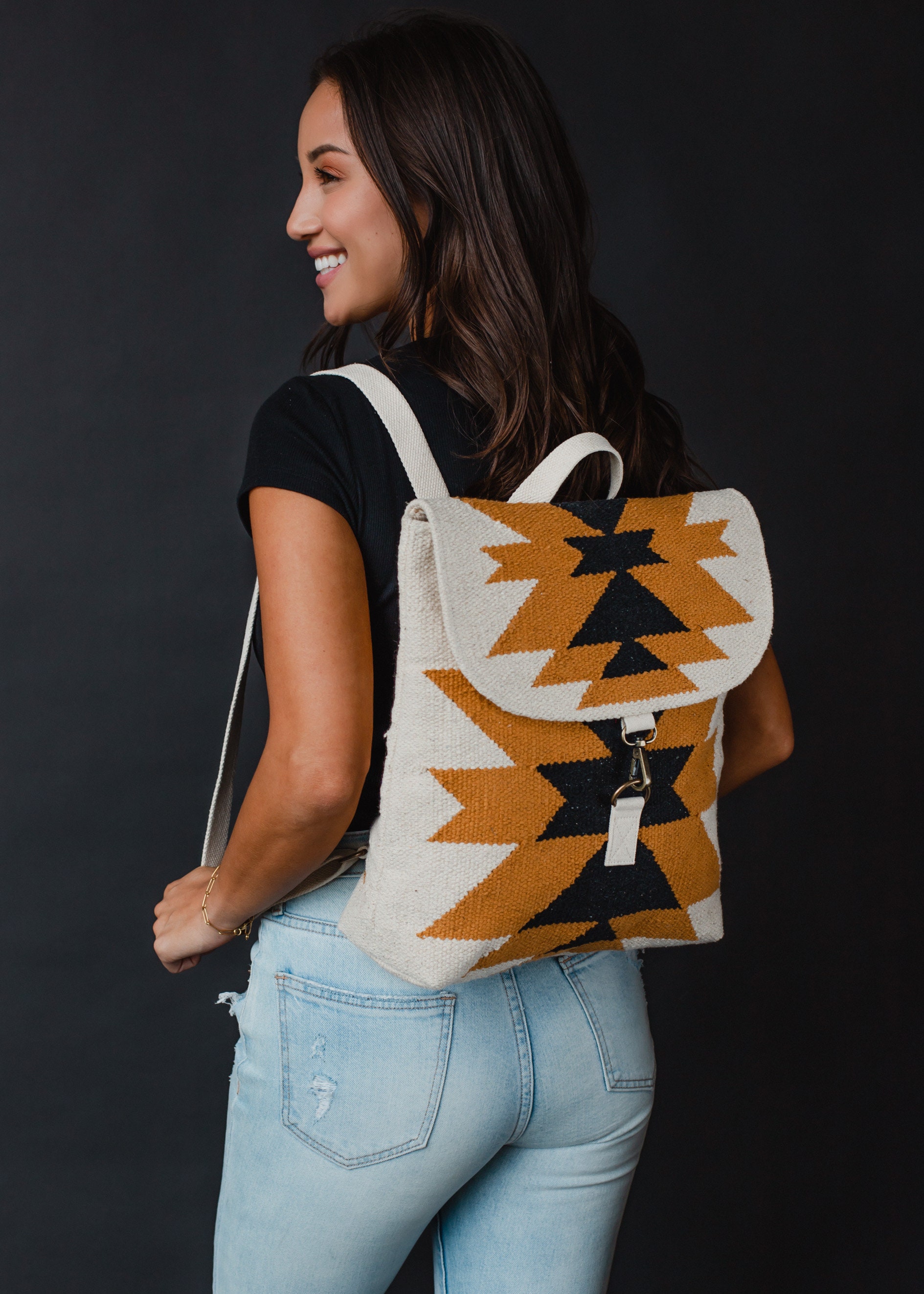 NEW PANACHE APPAREL women\'s aztec backpack in cream, black Cream & Black Aztec Backpack – Cultivate Family Shop main image 2