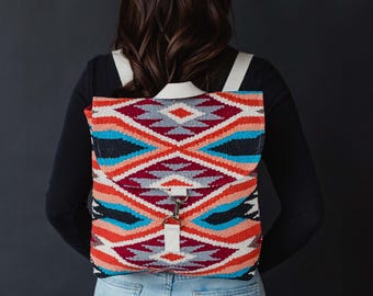 Red, Blue, Orange & Cream Western Backpack | Aztec Inspired Backpack
