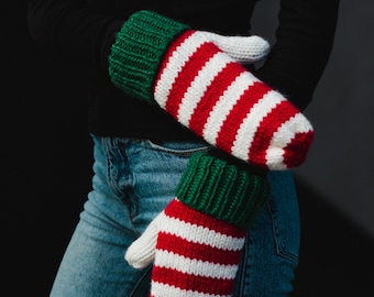 Red, White & Green Striped Mittens | Fleece Lined Mittens | Striped Mittens | Christmas Mittens | Women's Knit Mittens | Holiday Mittens