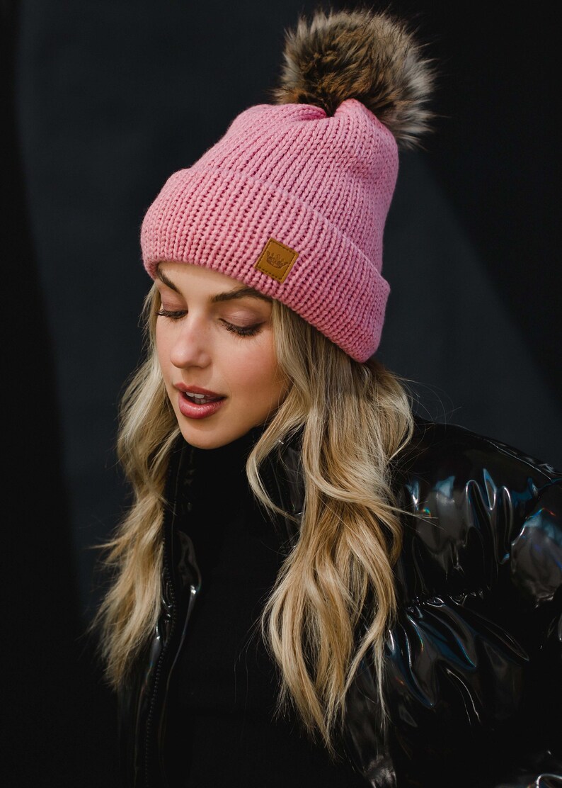 Pink Cable Knit Pom Hat Fleece Lined Pom Hat Women's Knit Pom Hat Faux Fur Pom Accent Winter Accessories Trendy Pom Hat image 1