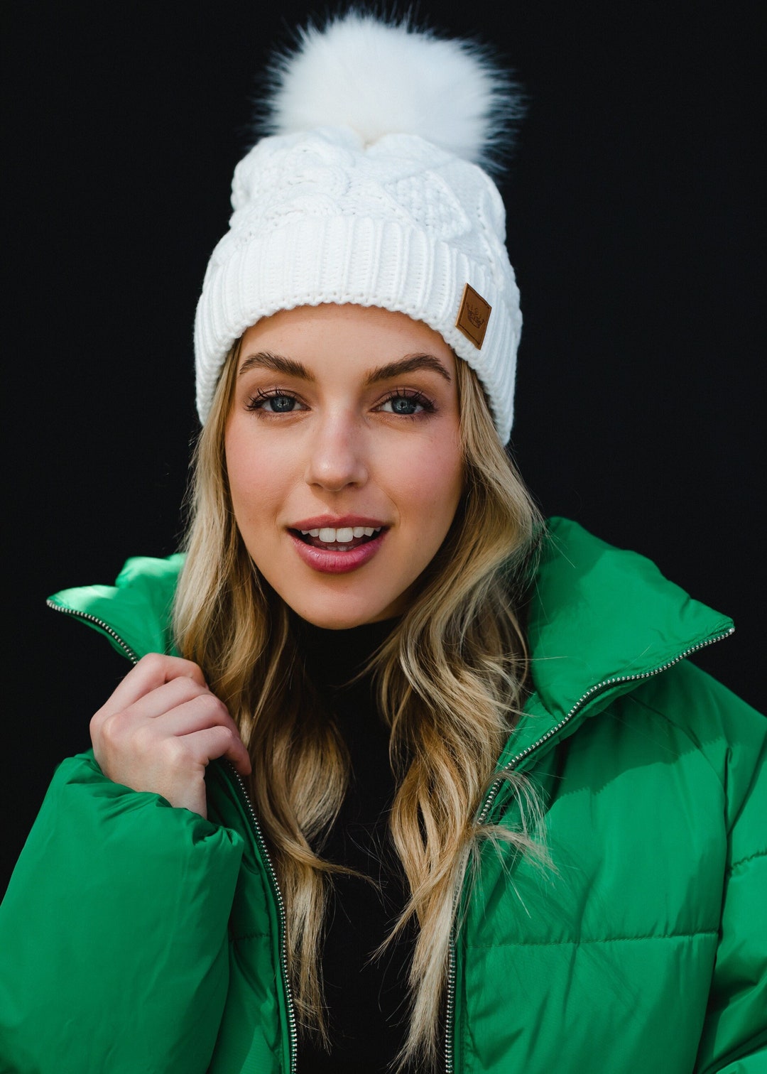 White Cable Knit Pom Hat Fleece Lined Winter Hat White on White Pom Hat Neutral Cable Knit Hat