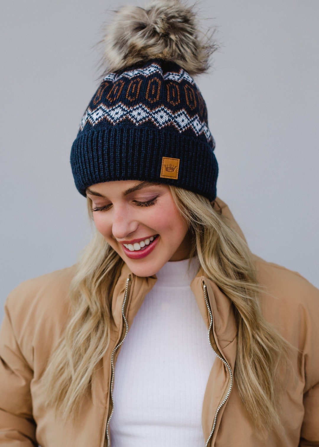 Navy With Brown & off White Pattern Pom Hat Patterned Winter Hat Fleece