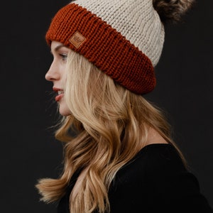 Beige & Rust Color Block Pom Hat Winter Pom Hat Color Block Pom Hat Faux Fur Pom Accent Neutral Pom Hat Women's Winter Hat image 2