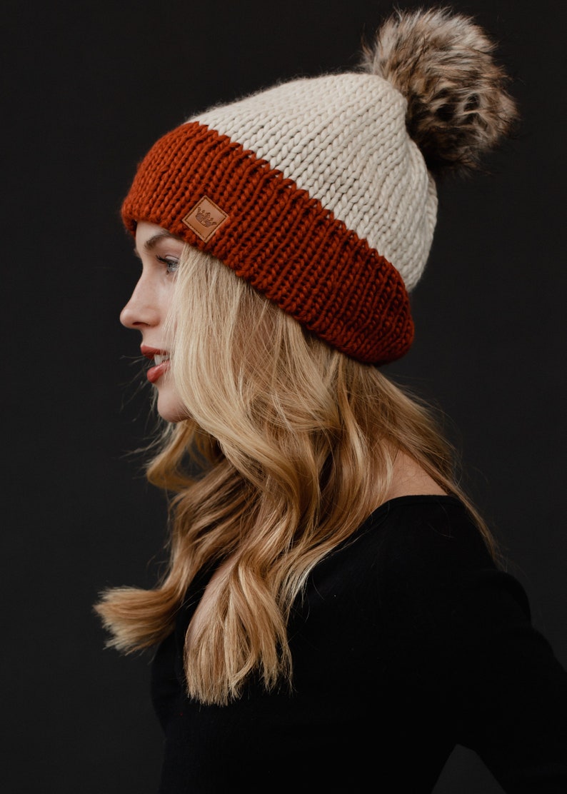 Beige & Rust Color Block Pom Hat Winter Pom Hat Color Block Pom Hat Faux Fur Pom Accent Neutral Pom Hat Women's Winter Hat image 2