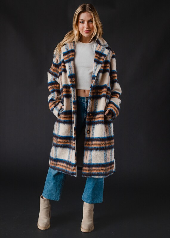 Cream Rust Blue Plaid Coat Women s Plaid Coat Statement Coat Women s Long Coat Women s Long Jacket Winter Long Coat Etsy Ireland