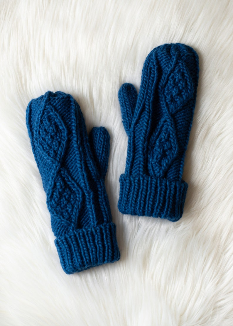 Blue Cable Knit Mittens Fleece Lined Mittens Women's Mittens Cable Knit Mittens Winter Mittens Women's Winter Accessories image 3