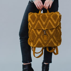 Mustard Diamond Pattern Backpack Textured Backpack Statement Backpack Women's Backpack Mustard Yellow Textured Backpack image 2