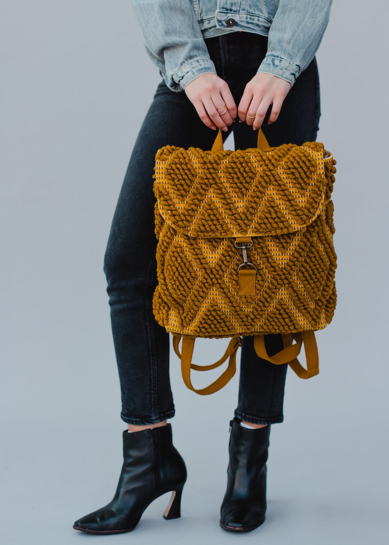 Mustard Diamond Pattern Backpack Textured Backpack Statement Backpack Women's Backpack Mustard Yellow Textured Backpack image 2