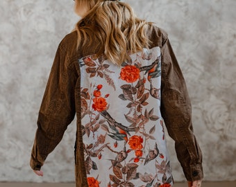Brown Jacket with Bird & Flower Patch | Patch Jacket | Lightweight Spring Jacket | Lightweight Fall Jacket | Women's Statement Patch Jacket