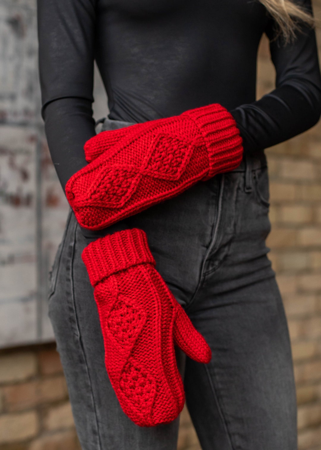 Red Cable Knit Mittens Fleece Lined Mittens Winter Accessories ...