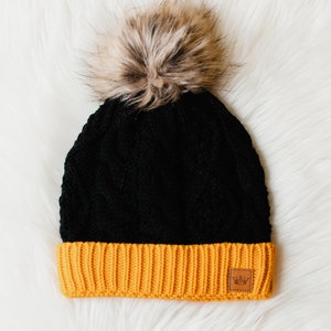 Black & Gold Trim Cable Knit Pom Hat Fleece Lined Pom Hat Women's Pom Hat School Pride Women's Winter Hat College Pom Hat image 4