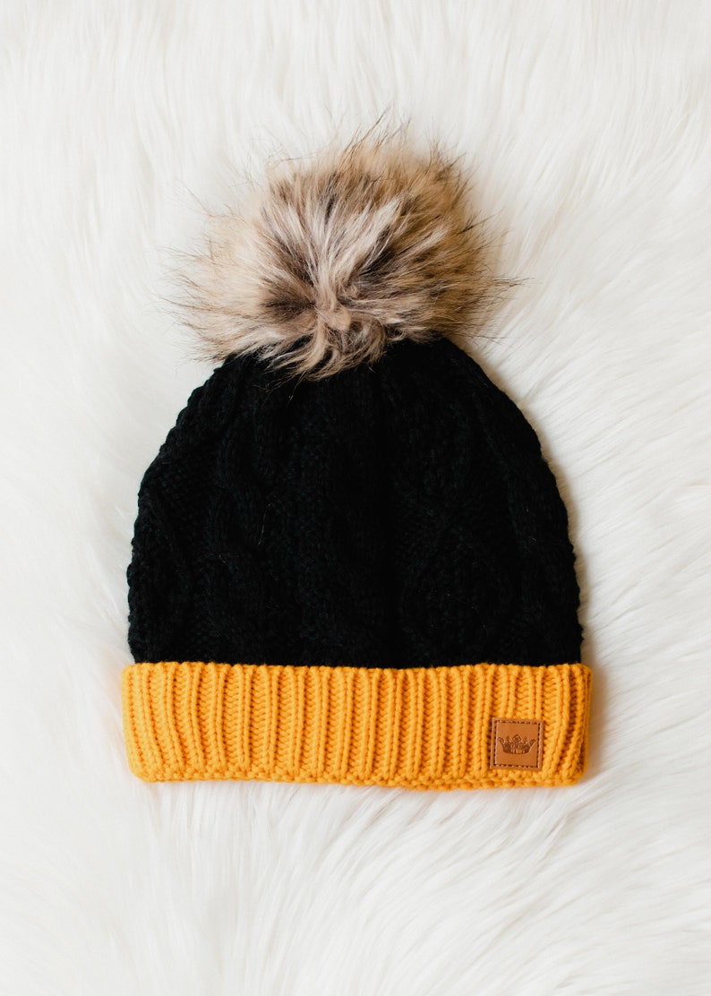 Black & Gold Trim Cable Knit Pom Hat Fleece Lined Pom Hat Women's Pom Hat School Pride Women's Winter Hat College Pom Hat image 4