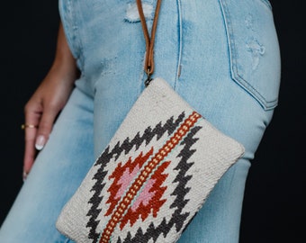 Beige, Brown & Red Aztec Wristlet | Aztec Inspired Wristlet | Spring Wristlet | Summer Wristlet | Aztec Inspired Clutch | Western Wristlet