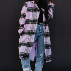 Purple, Green & Tan Plaid Coat Women's Long Plaid Coat Women's Long Plaid Jacket Winter Coat Fully Lined Coat Statement Coat image 3