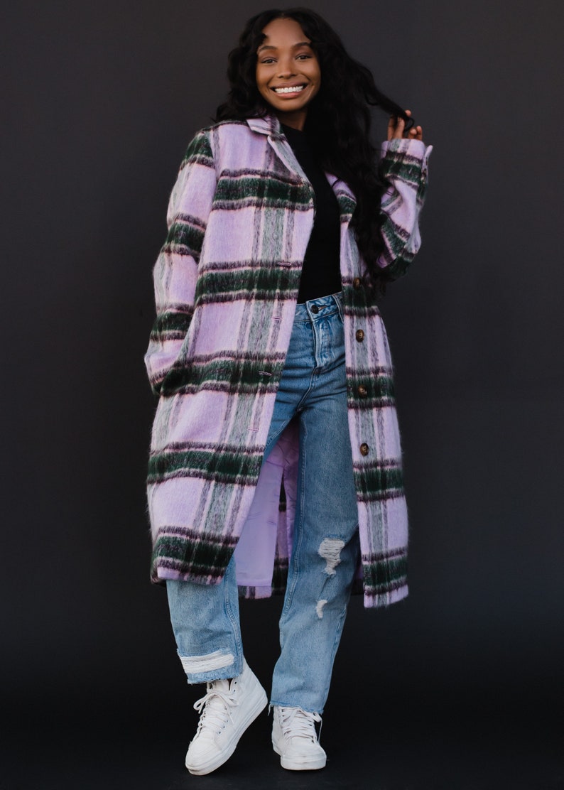 Purple, Green & Tan Plaid Coat Women's Long Plaid Coat Women's Long Plaid Jacket Winter Coat Fully Lined Coat Statement Coat image 3