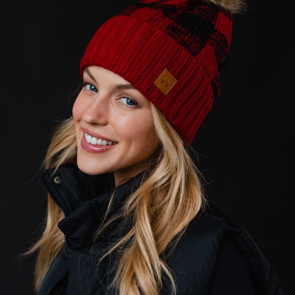 Red Buffalo Plaid Pom Hat | Fleece Lined Pom Hat | Christmas Pom Hat | Women's Winter Hat | Red & Black Buffalo Plaid Hat | Winter Hat