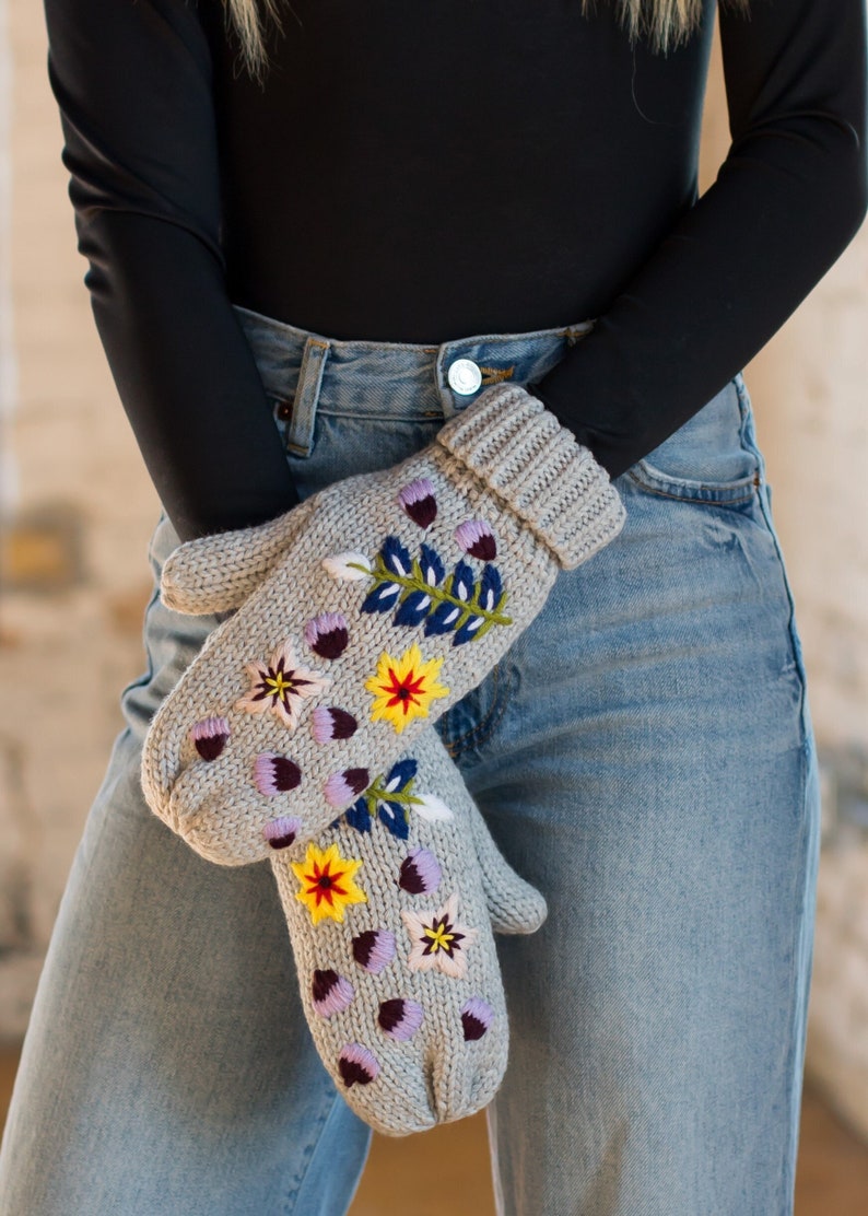 Gray Hand Stitched Floral Knit Mittens Fleece Lined Mittens Women's Knit Mittens Embroidered Mittens Hand Stitched Embroidery image 1